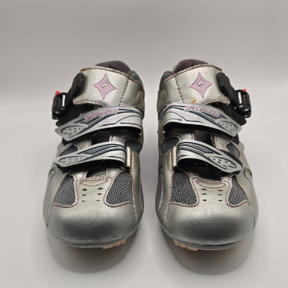 Specialized Metallic Cycling Shoes with Black and Pink Details